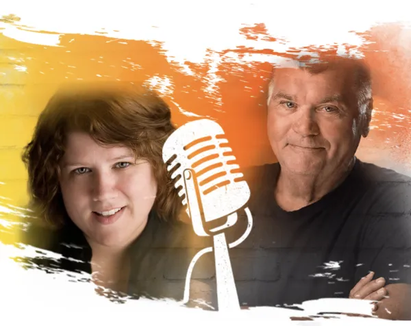 Headshot collage of two comedians with white microphone graphic in the middle